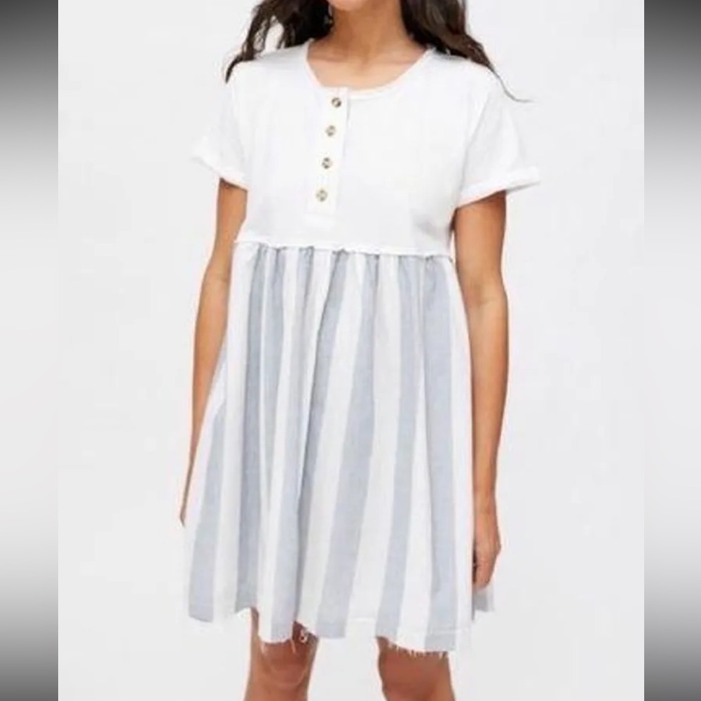 Urban Outfitters White Blue Striped Margo‎ Mixed Media Henley T-Shirt Mini Dress